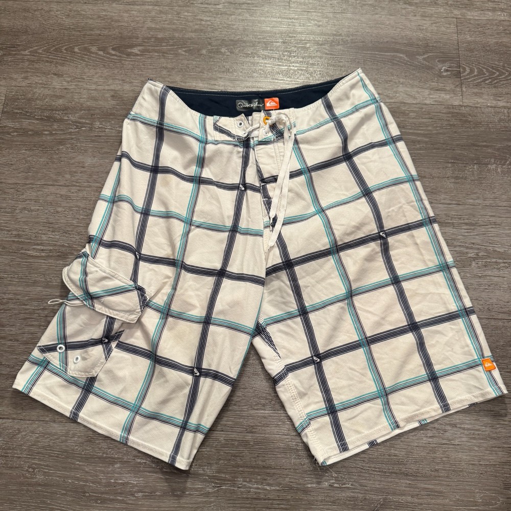 Quiksilver Board Shorts Mens 32 Plaid Cargo Lined Swim Trunks Outdoor Casual