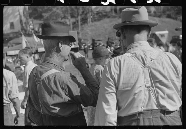 Photo:1930s Men in Hats Suspendered Crowd Outdoor Gathering