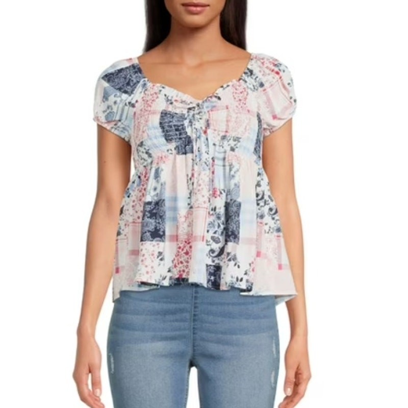 No Boundaries Multicolor Patchwork Short Sleeve Smocked Blouse Casual Top Medium