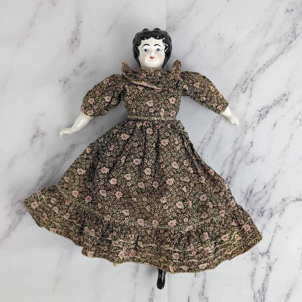 China Head Doll Reproduction 1960s Black Hair Glazed Dress