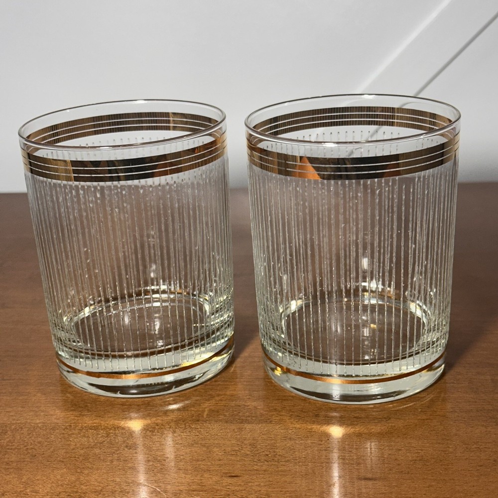 Etched Barware Glasses Lowball Whiskey Cups Old Fashion Gold Vintage Set Of 2