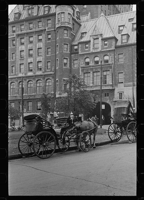 Horse Carriages Hotel Building 1930s Street Scene Montreal Quebec Canada