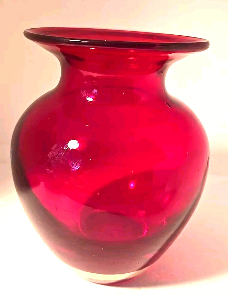 Ruby Red 6 In Blown Glass Bouquet Vase Wide Mouth Clear Bottom Vintage