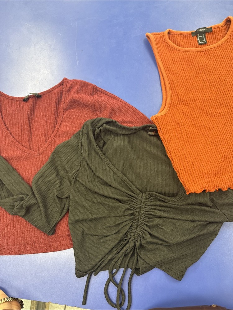 Women’s Ribbed Top Bundle Lot Of 3 - Fall Colors Crop Tank Wrap Top V-Neck -Used
