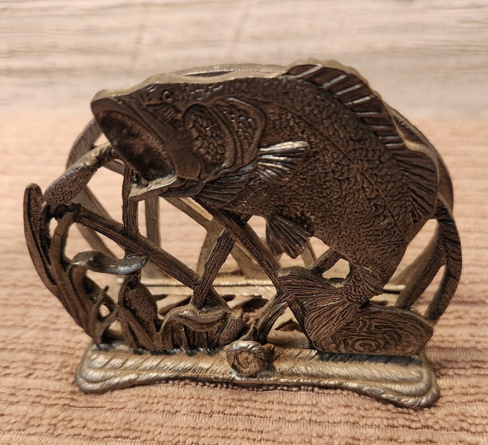 1990 Metzke Pewter Trout Business Card Letter Napkin Holder Fish Trout Wildlife