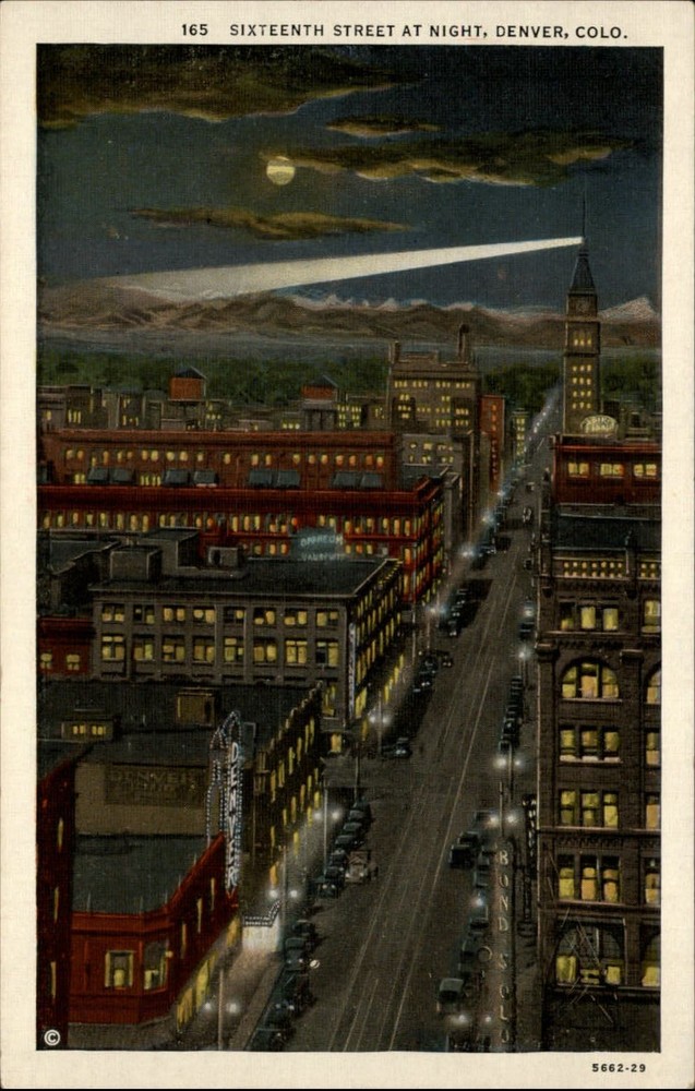 Sixteenth Street Denver Colorado at night full moon spotlight ~ linen postcard