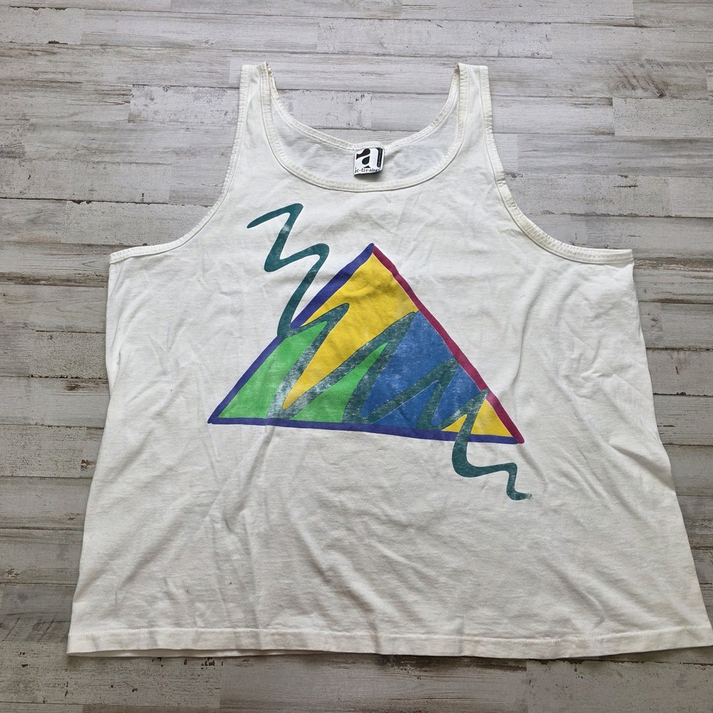 VTG Abstract Geometric Triangle Graphic Tank Top White USA Made Men’s Size L/XL-image