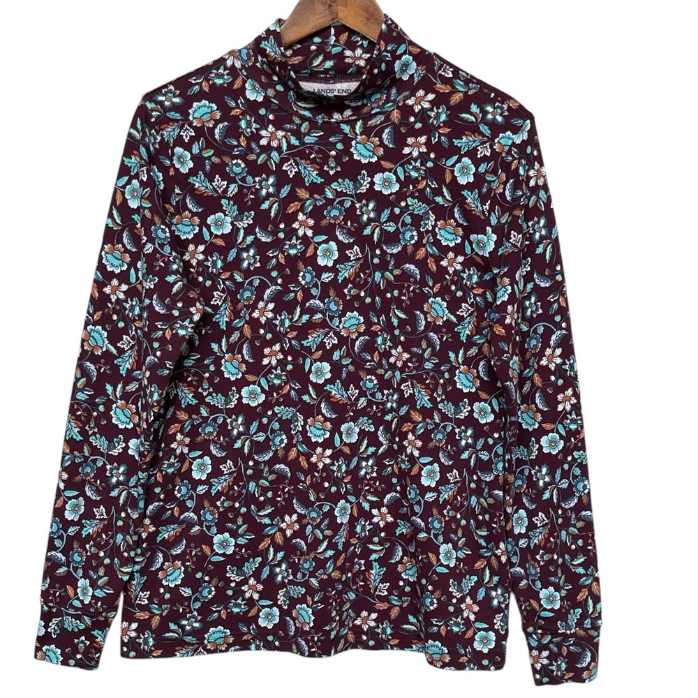 Lands End Womens Fit Purple Floral Cotton Long Sleeve Mock Neck Top Size M