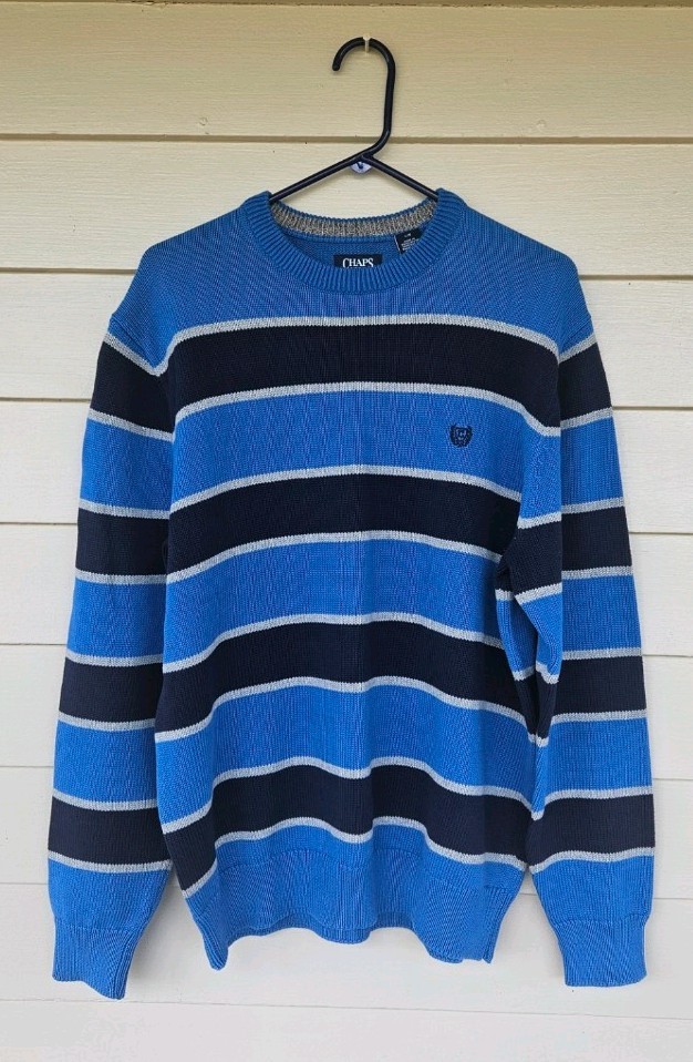 Chaps Striped Sweater Mens Large Blue Striped Crewneck Knit Warm Casual Pullover