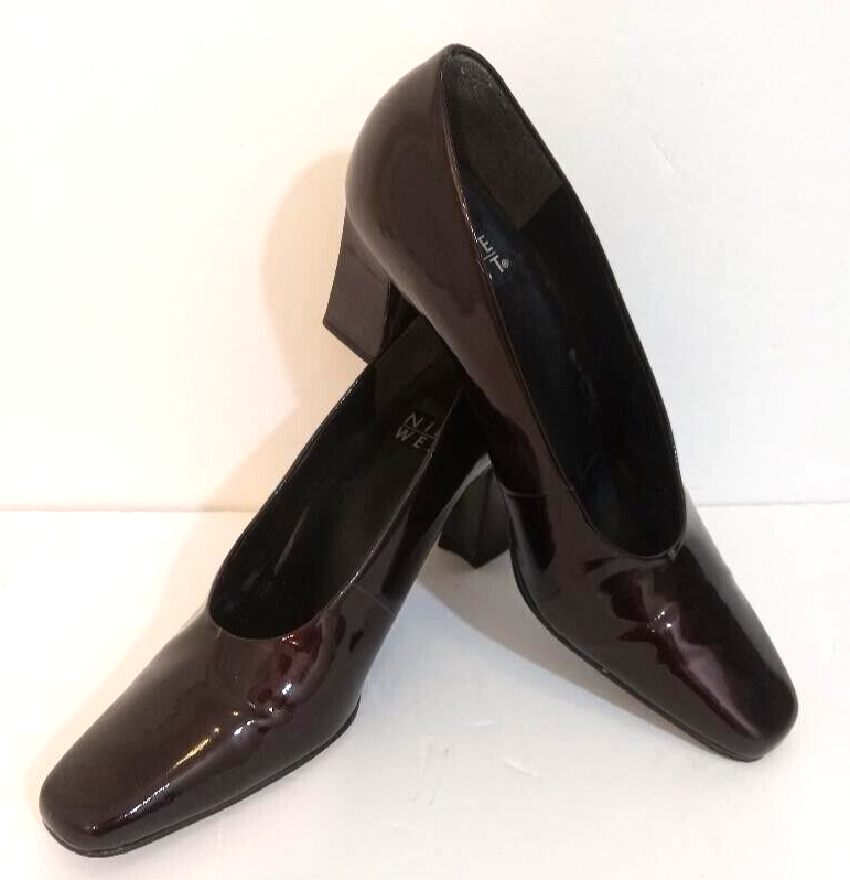 Nine West Women's Size 8 Brown Patent Leather Block Heel Pump - Office Comfort Fit