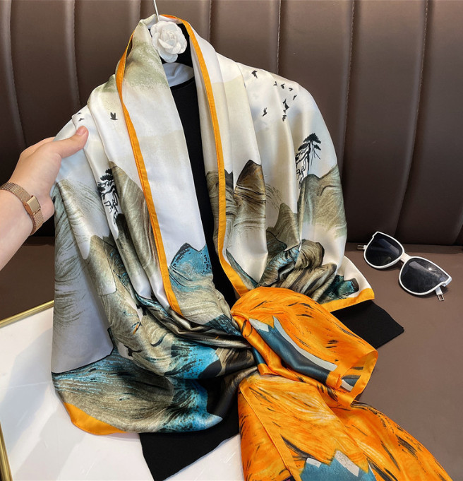Imitate Satin Silk Long Scarf Shawl Vintage Fashion Landscape Painting 70