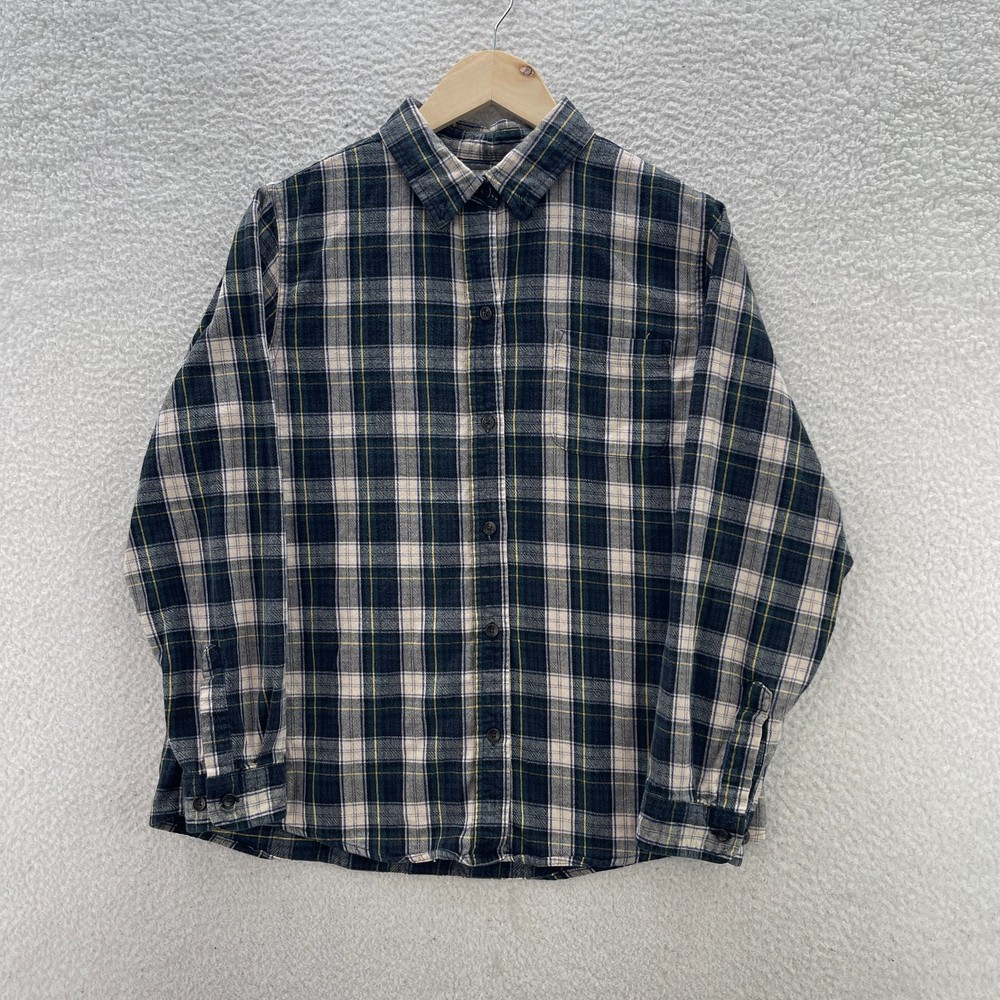LL Bean Shirt Womens Medium Green Blue Flannel Relaxed Fit Plaid Outdoor Hiking