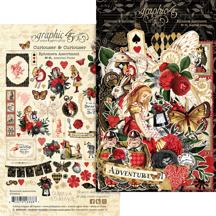 Graphic 45 CURIOUSER & CURIOUSER 65pc Die Cut Ephemera Assortment Set Alice