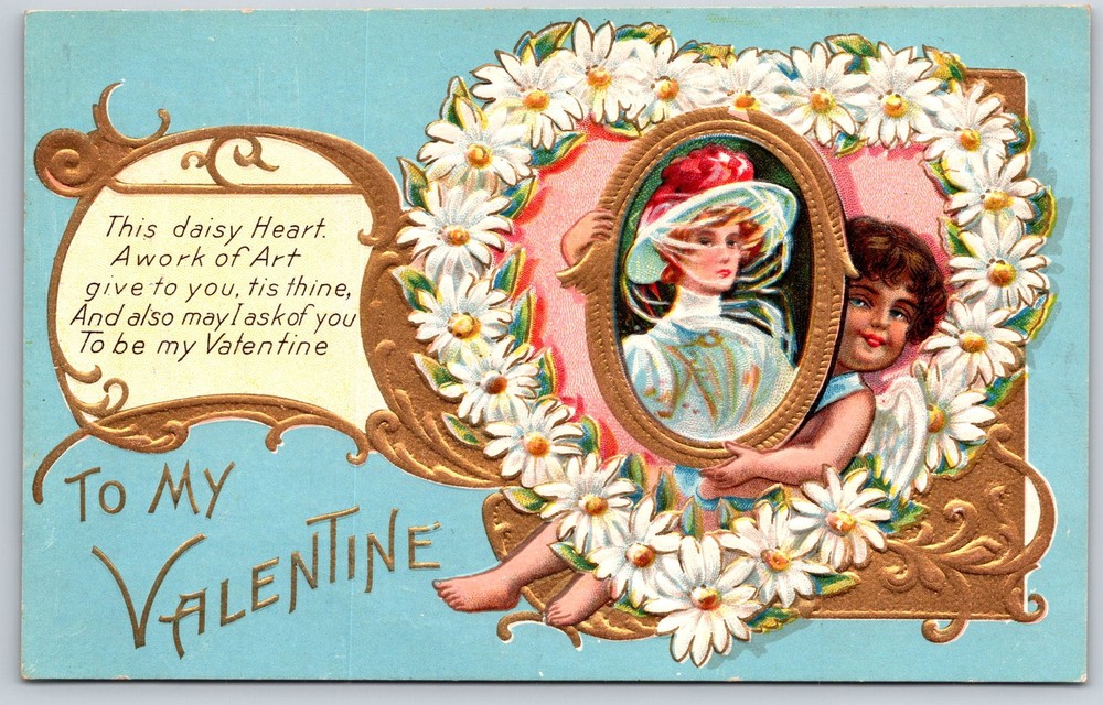Nash~To My Valentine~Angel Holding Portrait Of Lady W/ Flowers~Emb~Vtg Postcard