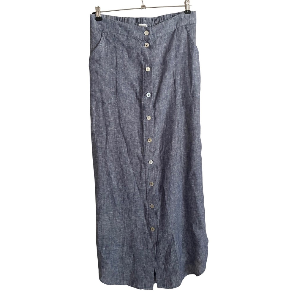 100% Linen Blue Button Front Pull On Maxi Skirt Large Coastal Cottage Minimalist