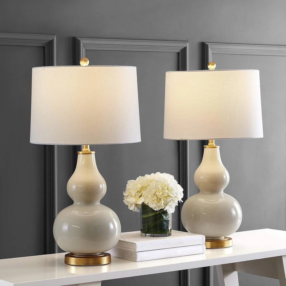 Set of 2 Cream & Gold Leaf Double Gourd Glass Table Lamps