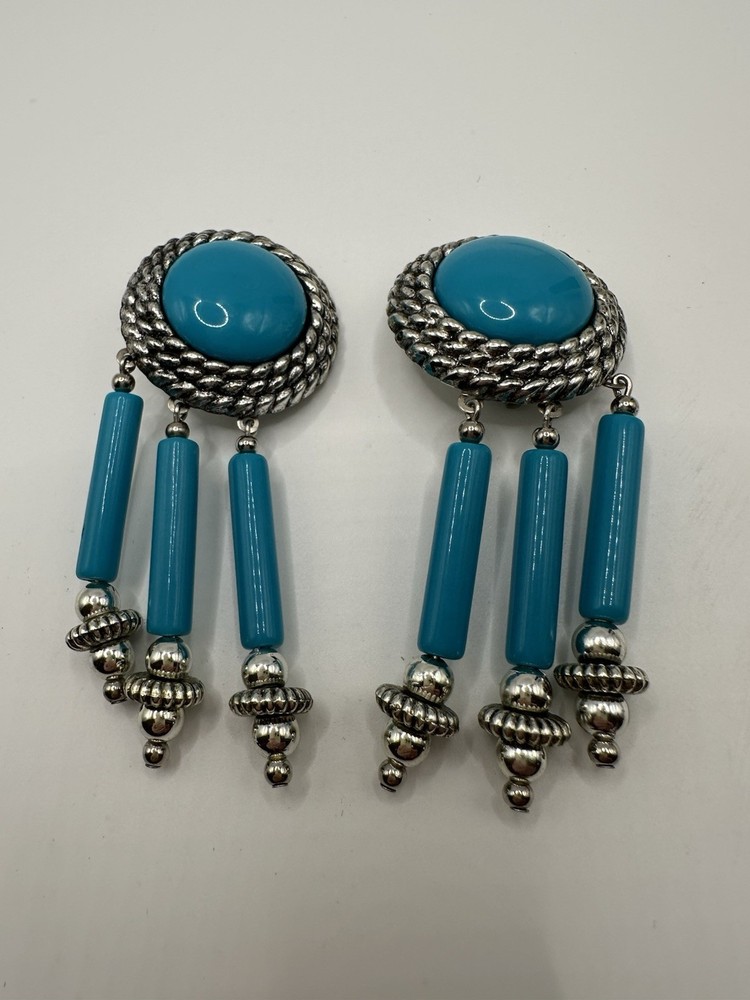 Vintage Faux Turquoise Acrylic Southwestern Silver Tone Clip On Earrings 3”L