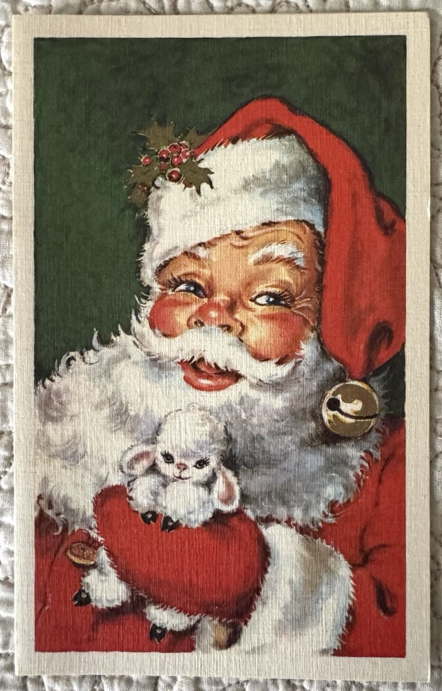 Unused Christmas Santa Hold Baby Sheep Lamb Vintage Greeting Card 1950s 1960s