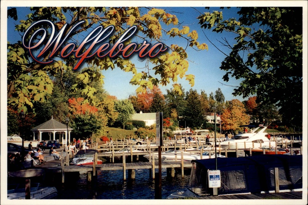 Wolfeboro New Hampshire boat docks fall ~ vintage postcard