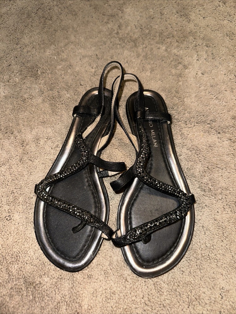 Antonio Melani Sandals Selma Snake Leather Rhinestone Flat Thong Black Size 7M