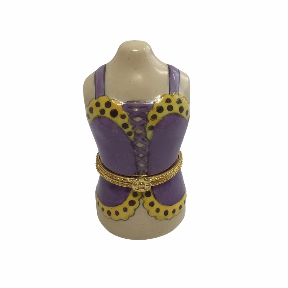 Vintage Corset Bustier Top Purple Ceramic Trinket Box Pill Box Hinged Lid