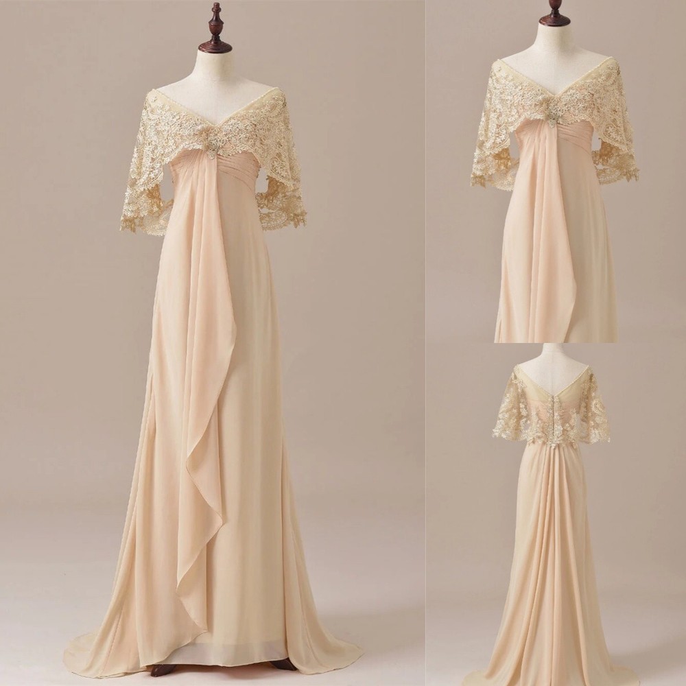 Champagne Evening Dresses with Cape Formal V Neck Chiffon Prom Party Gowns