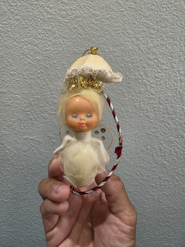 Vintage MCM Christmas Pixie Sleepy Eye Angel Parasol Ornament Tulle Wings Japan