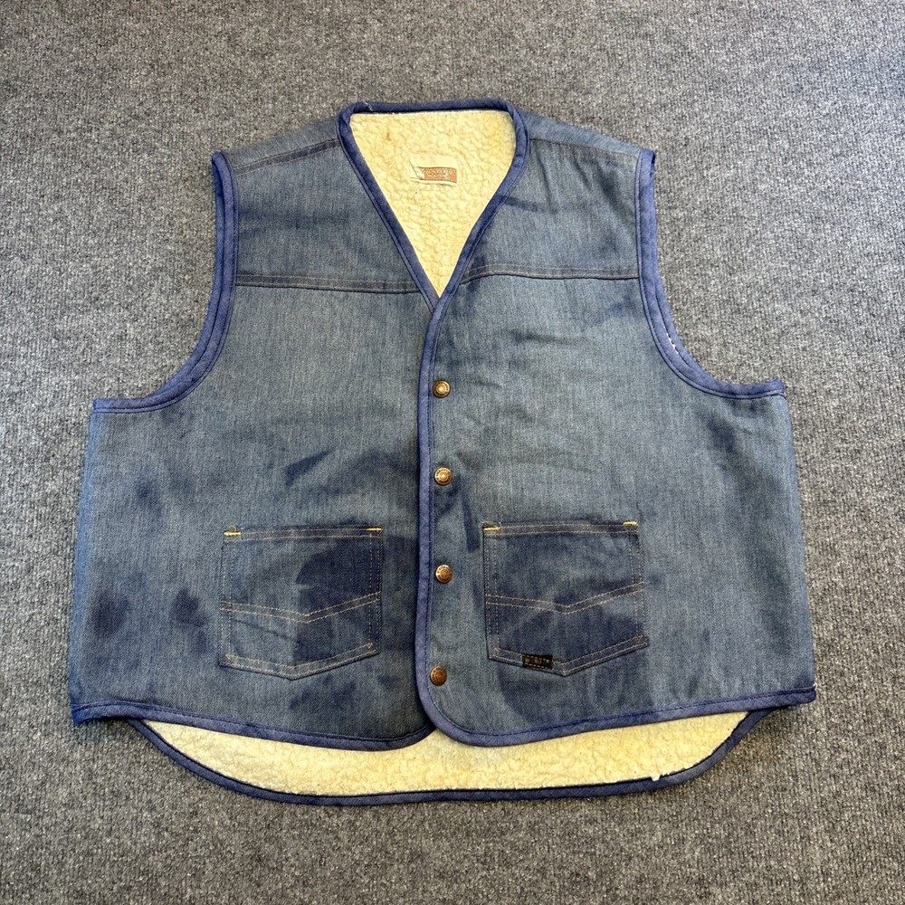 Vintage Sears Western Wear Denim Sherpa Lined Vest Mens XL Blue