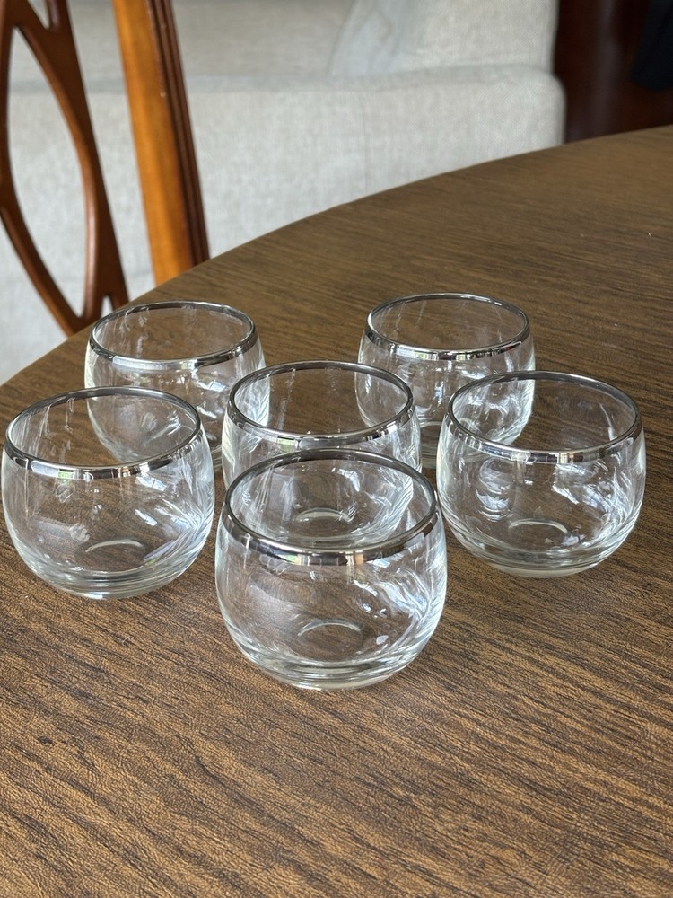 MCM Dorothy Thorpe Silver Rim Band Roly Poly Cocktail Punch Glasses - Set of 6