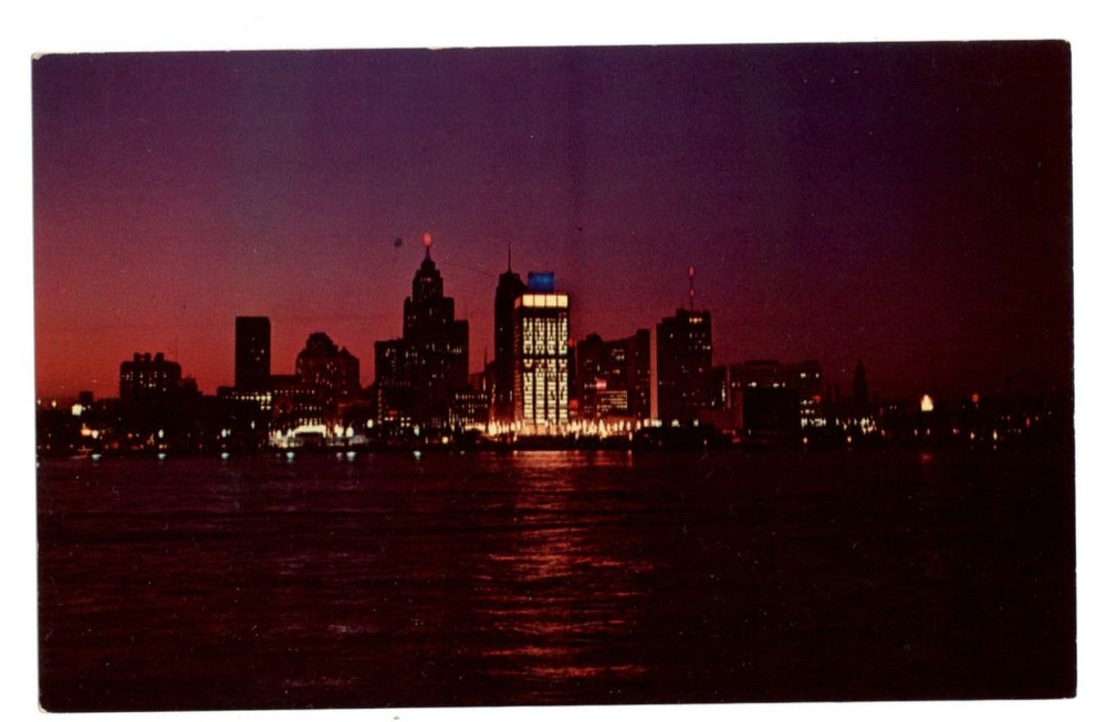 Detroit Michigan skyline night from Windsor Ontario Canada vintage postcard