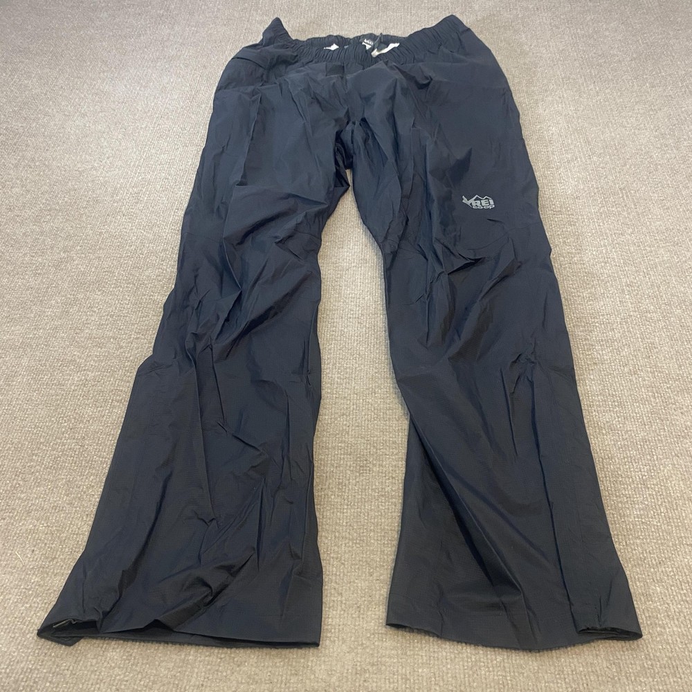 REI Co-op Rain Pants Mens Medium Black Nylon Elastic Waist Zip Hem Hiking Shell