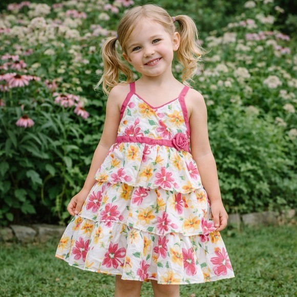 Penny M Girls Floral Tiered Ruffle Dress Pink Yellow White Toddler 3T