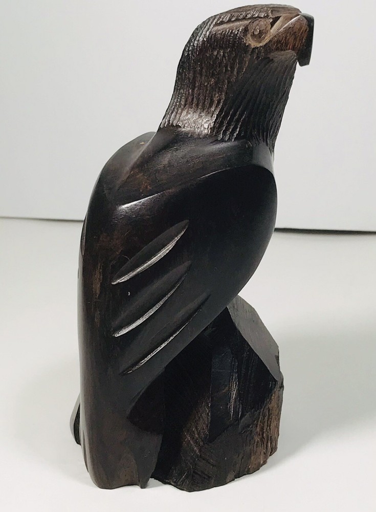 Wood Figurine Hand Carved Falcon Hawk Bald Eagle Bird Of Prey Mahogany Statuette