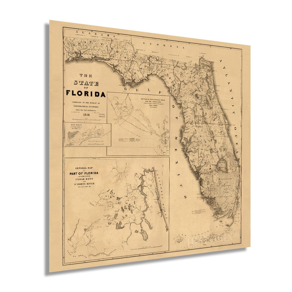 1846 Vintage Florida Map Poster - Antique USA State Wall Art Decor Print