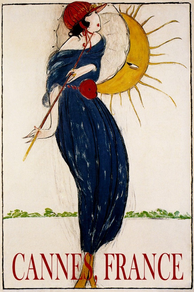 Retro Cannes Summer Sun Flirting Woman Umbrella Vintage Poster with Free Shipping