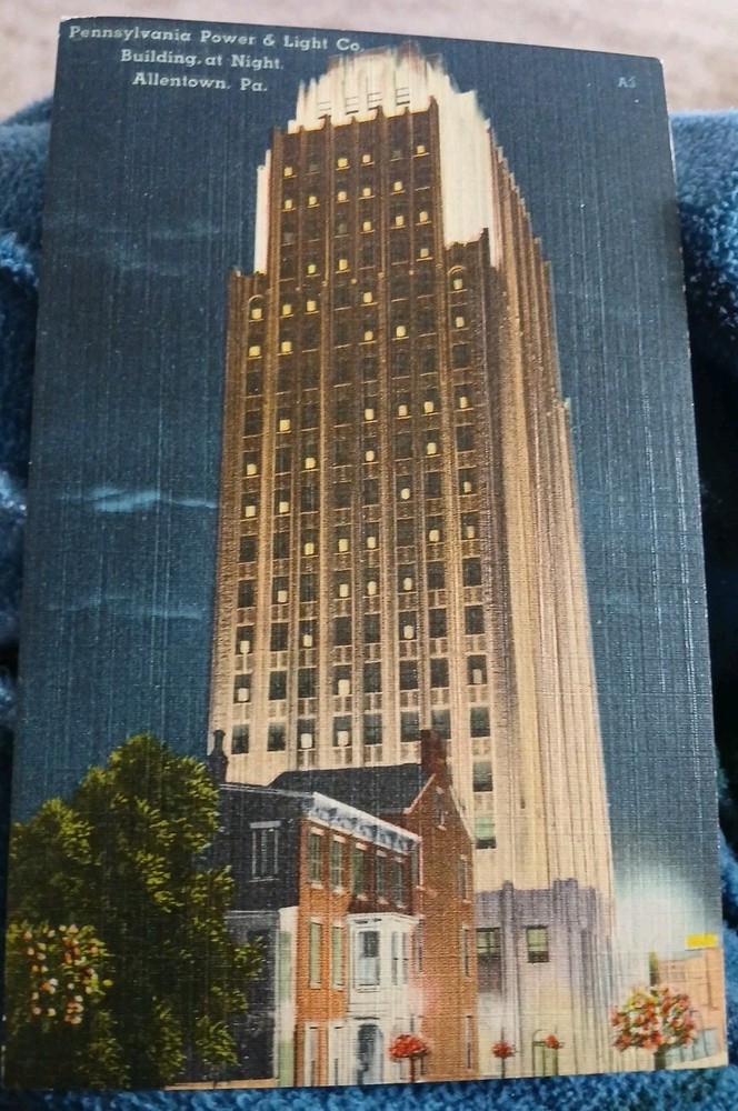 Pennsylvania Power & Light  Building at Night Allentown Pa Linen Postcard