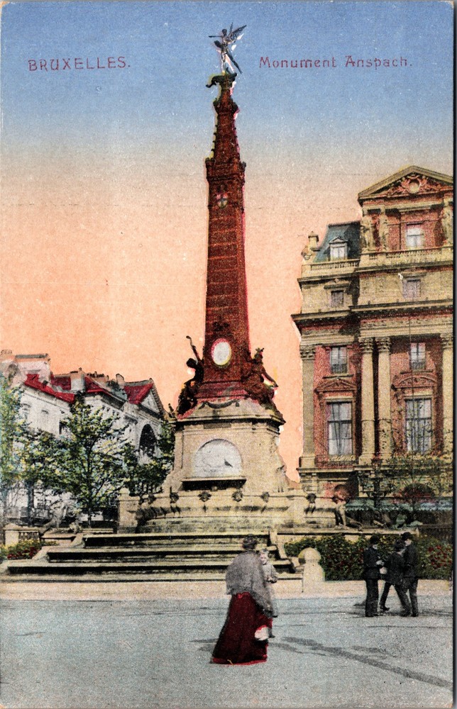 Postcard Belgium Brussels Monument Anspach Color View Pedestrians