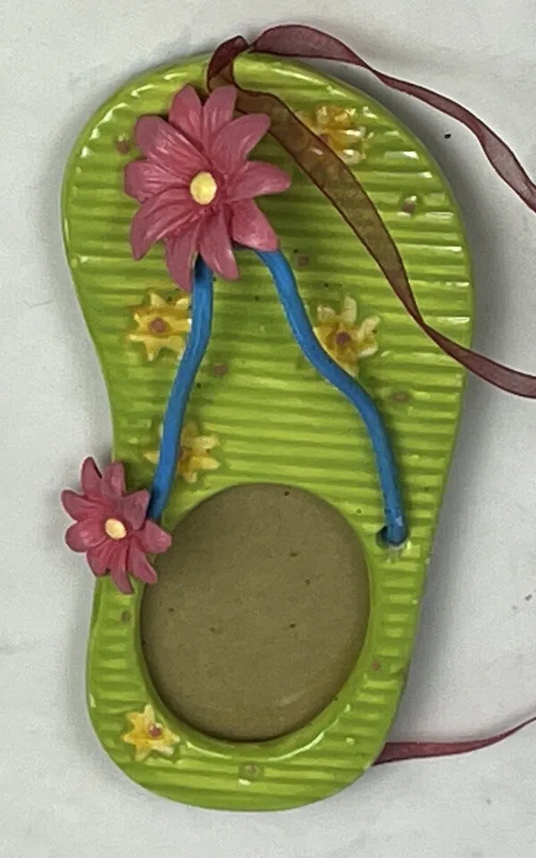Christmas Ornament Picture Frame SANDAL Flip Flop Beach Slipper Green Tropical