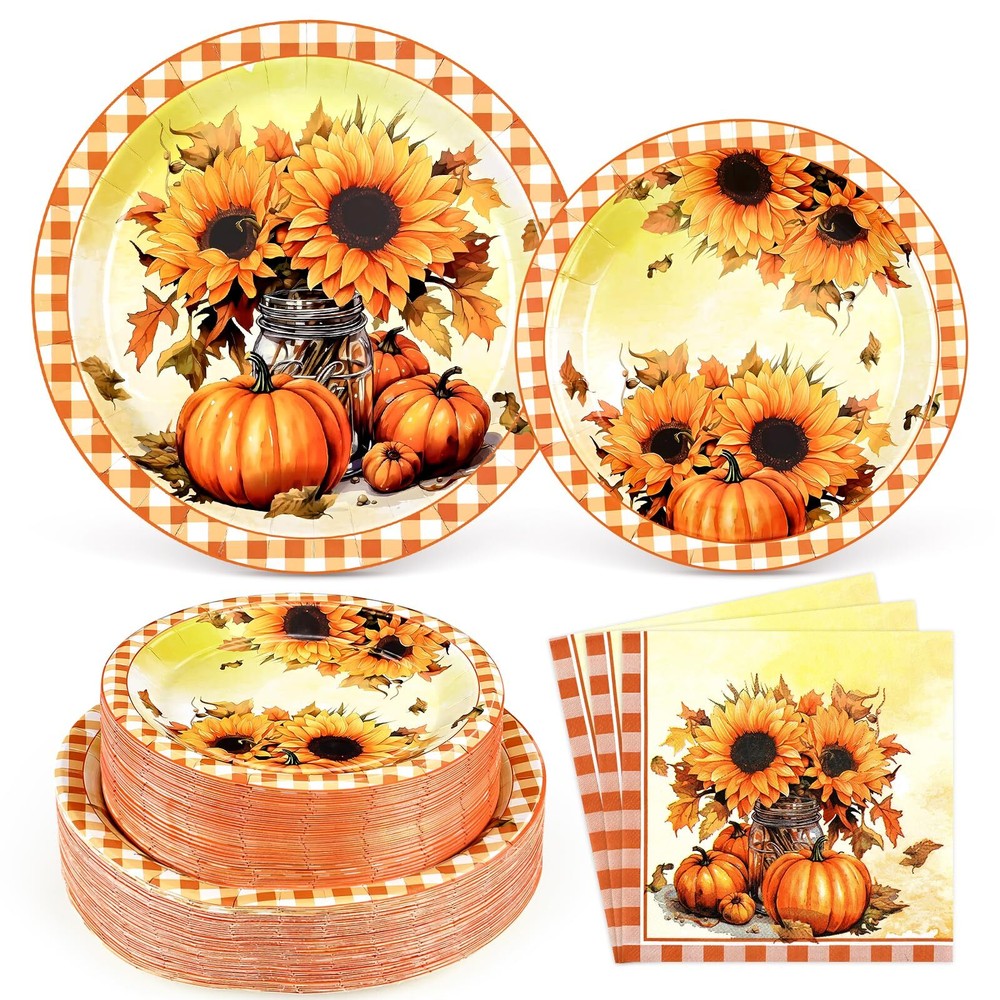 200PCS Fall-Themed Thanksgiving Paper Plates & Napkins with Sunflower Design