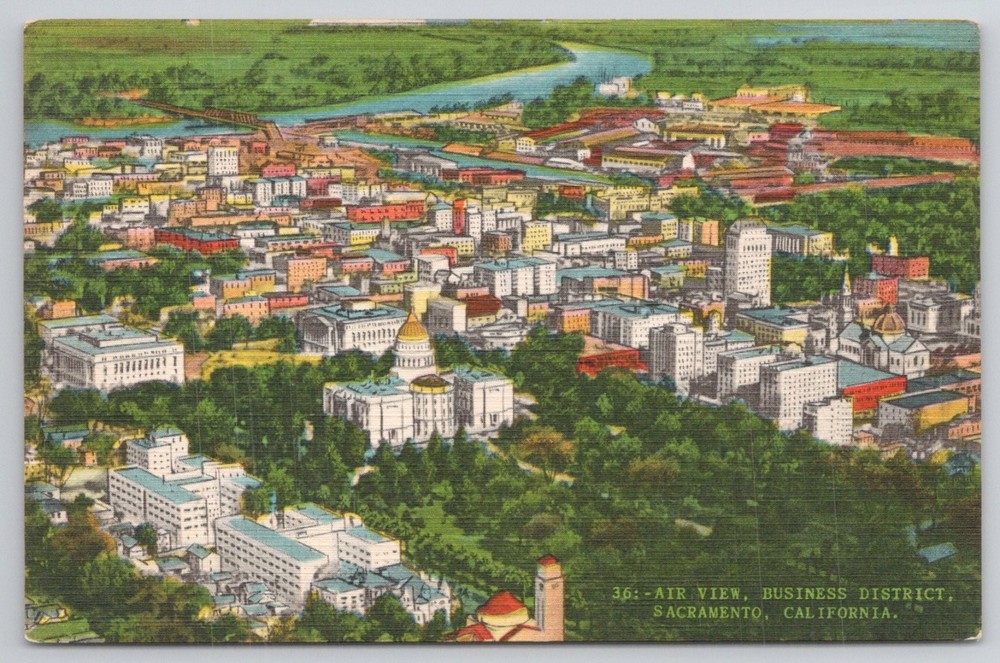 Sacramento California Air View Business District Capitol Linen Postcard