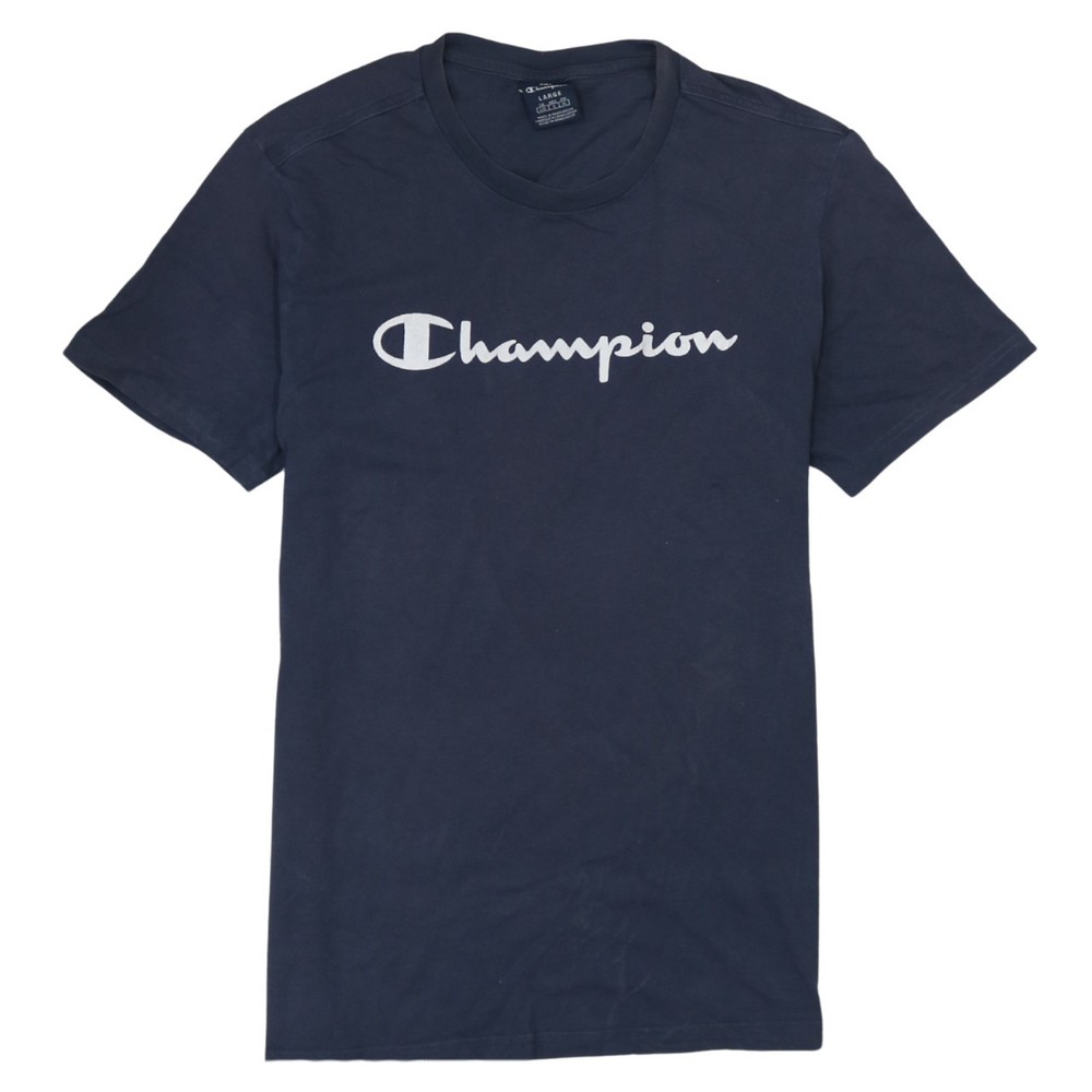 Champion Womens T Shirt Navy Blue Relaxed Fit Graphic Logo Crew Neck Cotton L