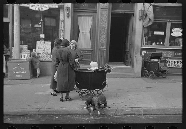 Photo:Bronx New York 1936 Mothers Talking Child Playing in Gutter 139th St