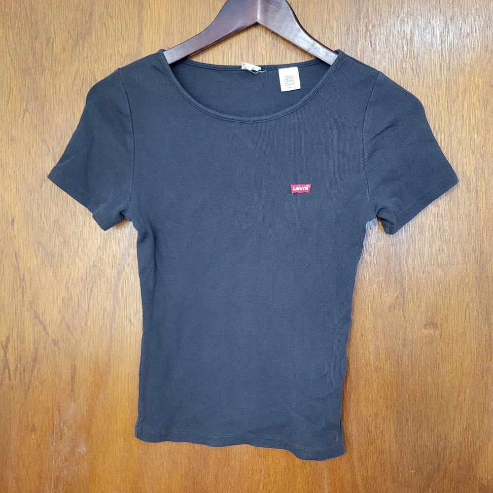 Levis Womens Ribbed Short Sleeve T-Shirt Black Scoop Neck Logo Size Small