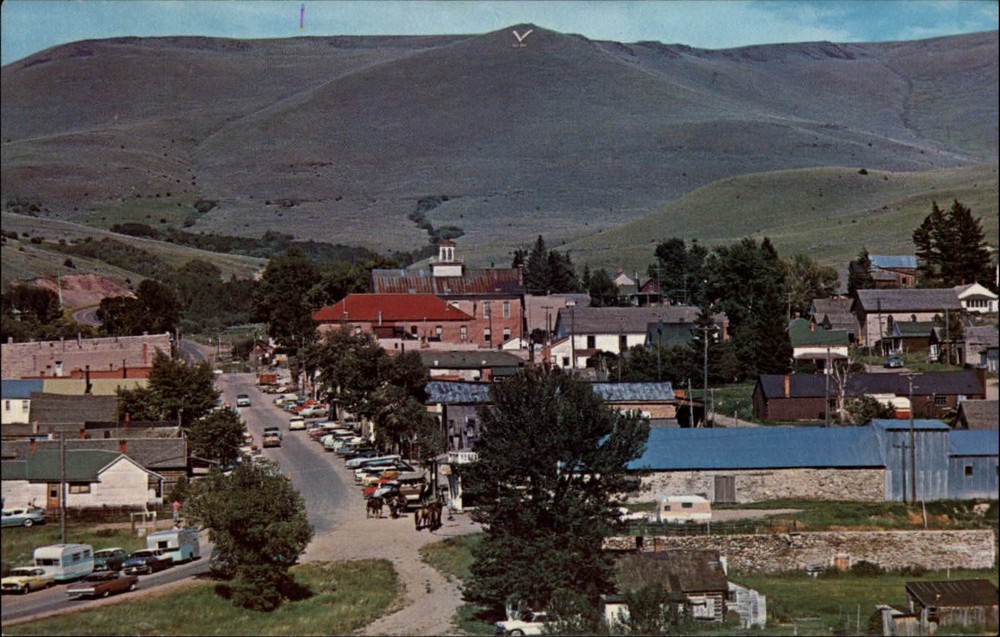 Virginia City gold camp Montana aerial ~ V in mountain side ~ vintage postcard