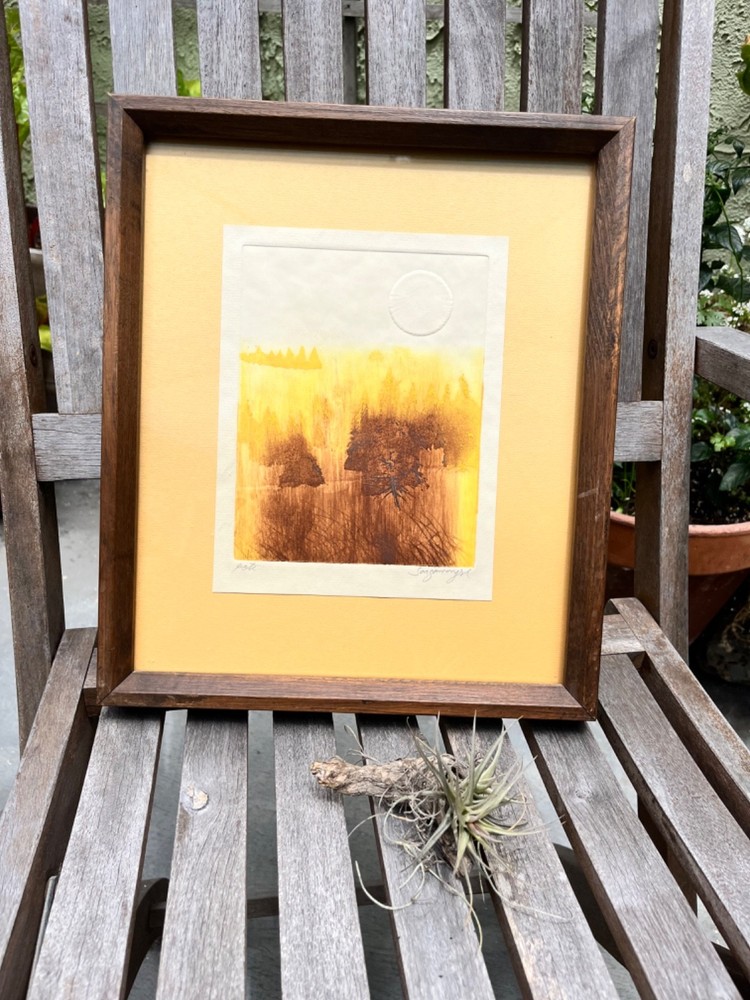 Vintage Forest Sunlight Landscape Print – Signed Abstract Etching Framed Art-image
