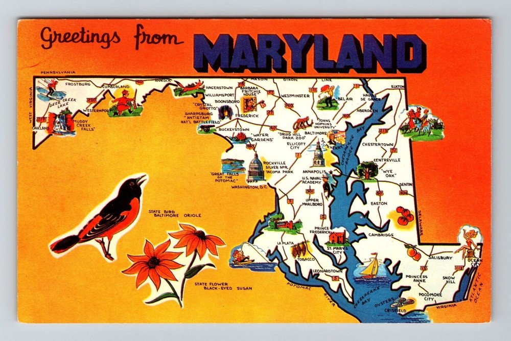 MD-Maryland, Scenic Greetings, Map Landmarks, Vintage Postcard