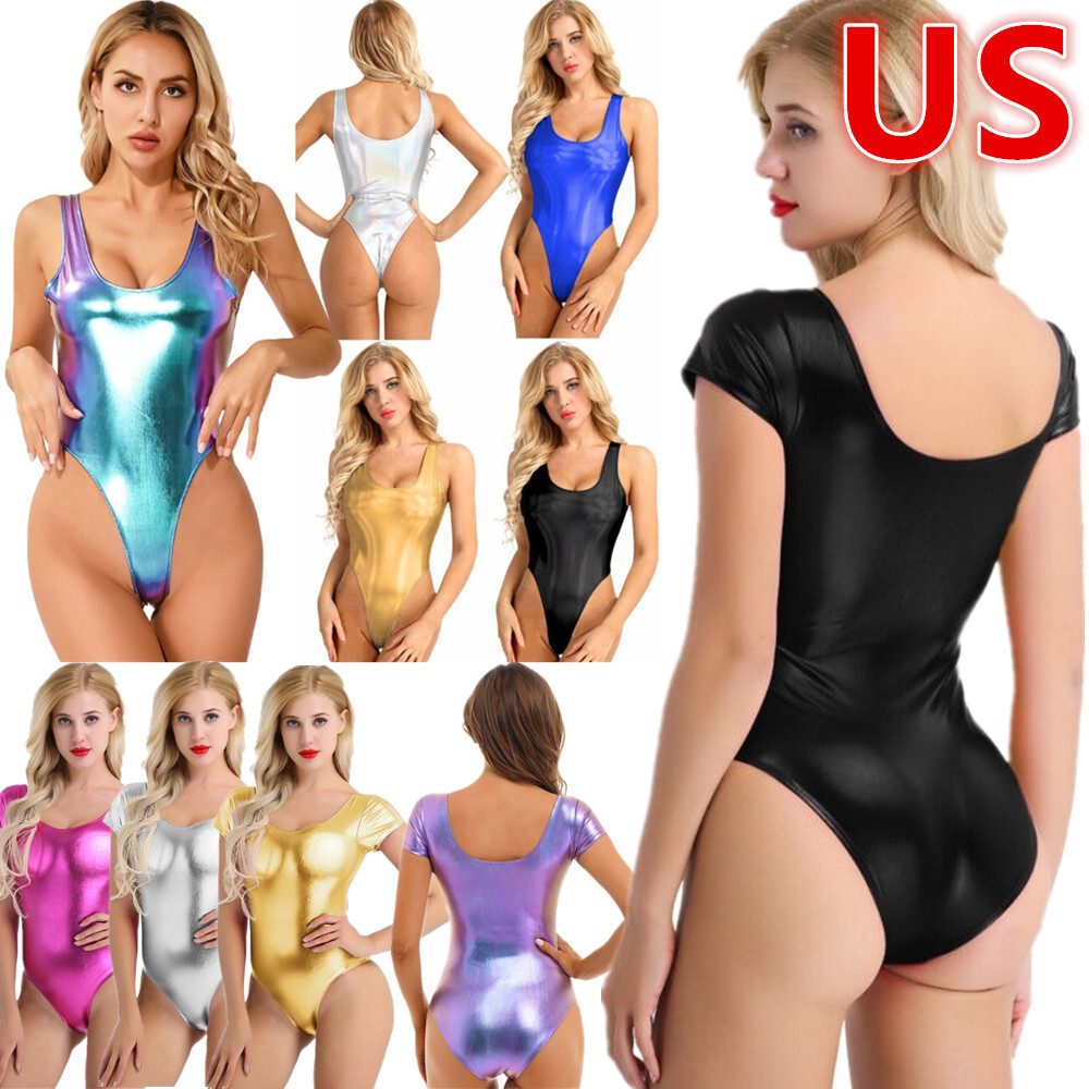 US Women Shiny Metallic One Piece Bodysuit High Cut Thongs Leotard Top Clubwear