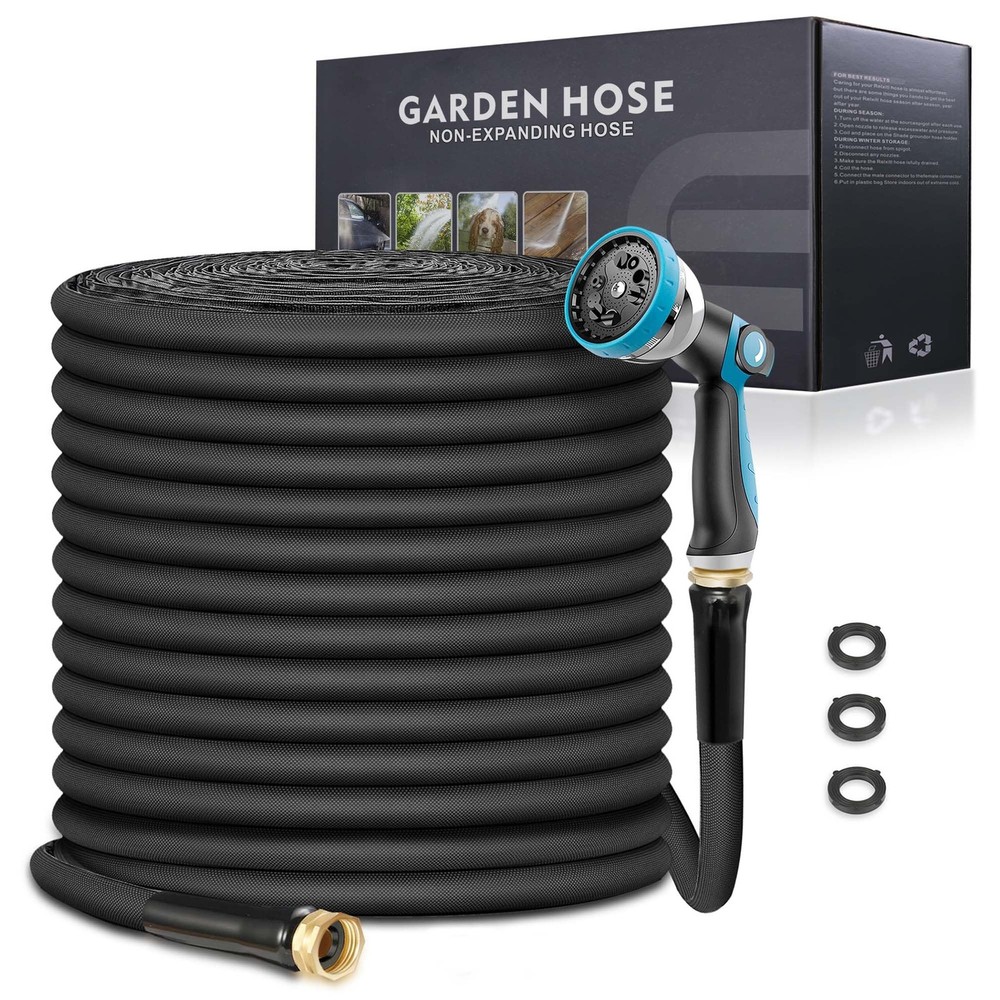Non-Expandable Garden Hose 50feet, Flexible Water with 10 50FT, Black