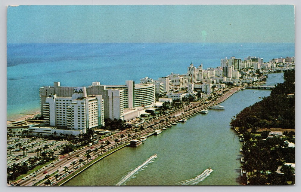 Vintage Miami Beach FL Aerial View Shore Club Hotel Indian Creek Postcard