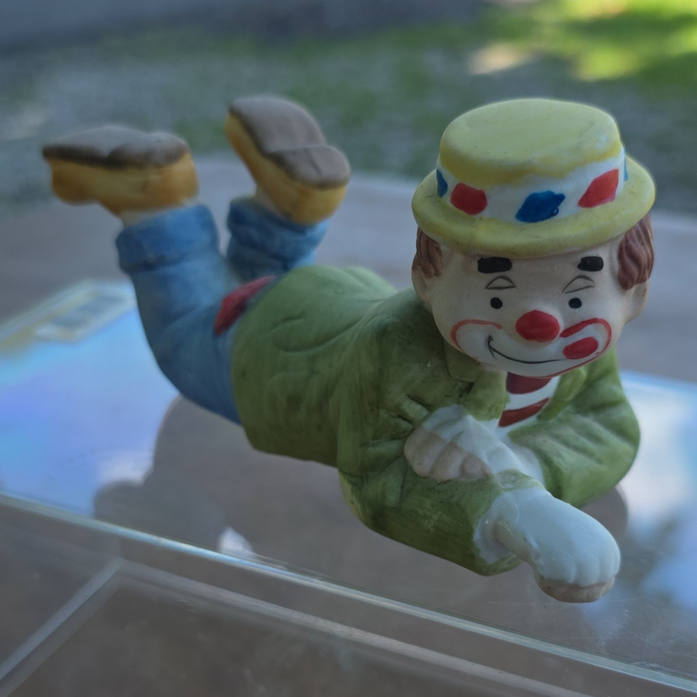 Hand Painted Ceramic Circus Clown Figurine Lying Down Multicolor Small